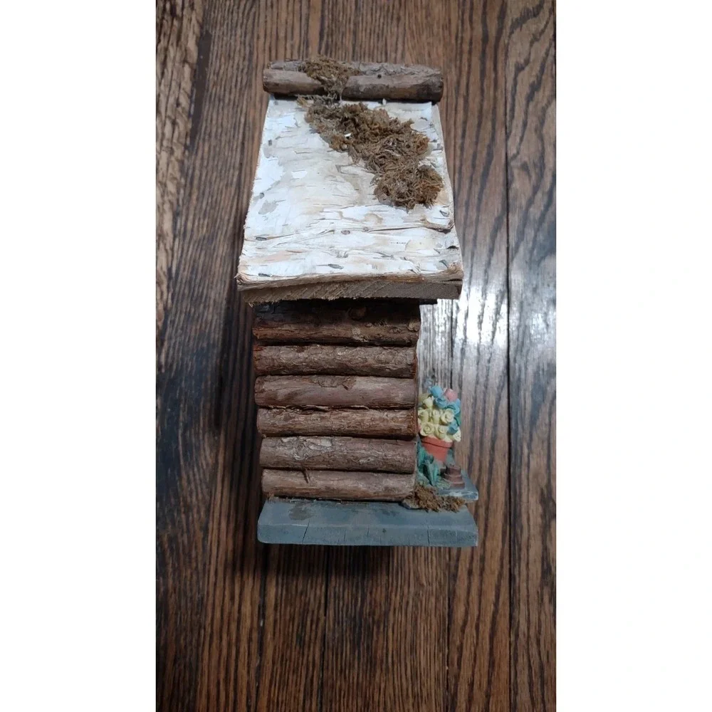 Rustic Log Cabin Decorative Birdhouse Faux Birch Roof Goblincore Garden Decor